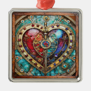 Ornement Carré Argenté Rouge & Bleu Vitrail Heart Steampunk Series