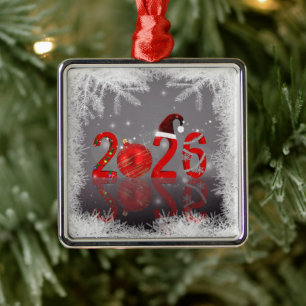 Ornement Carré Argenté Rouge Fête Joyeux Noël Nouvel An 2026