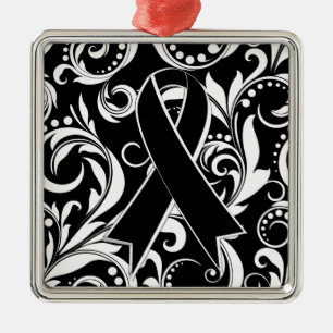 Ornement Carré Argenté Ruban Deco de Cancer de mélanome Noir