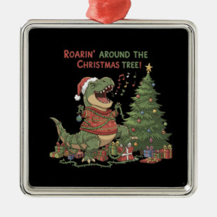 Ornement Carré Argenté Rugissant autour de l'arbre de Noël T-Rex drôle