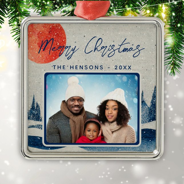 Ornement Carré Argenté Russe Forêt d'hiver Lune Famille Photo Noël (Créateur téléchargé)