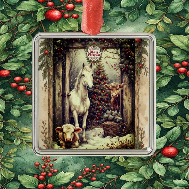 Ornement Carré Argenté Rustic Farmhouse Cow Horse Country Christmas Rural (Rustic Farmhouse Cow Horse Country Christmas Rural Metal Ornament)