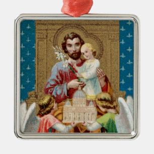 Ornement Carré Argenté Saint Joseph intronisé recevant une maquette du Va