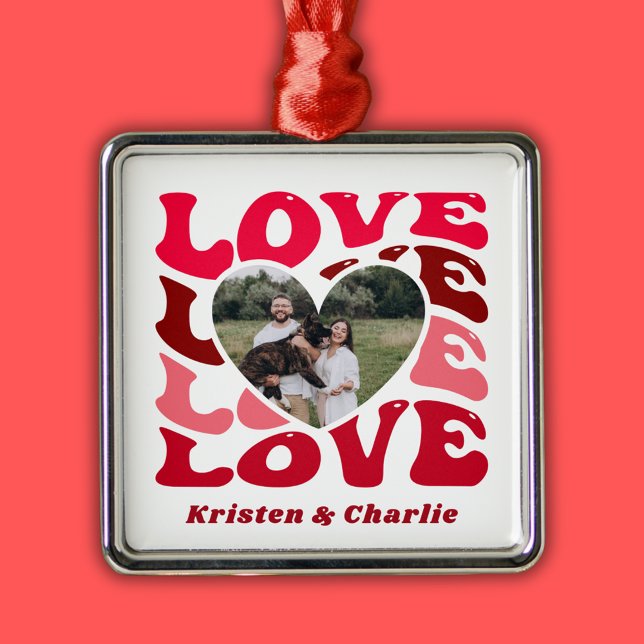 Ornement Carré Argenté Saint Valentin Amour Couple Photo personnalisée (Valentine's Day Love Custom Couple Photo Metal Ornament
)