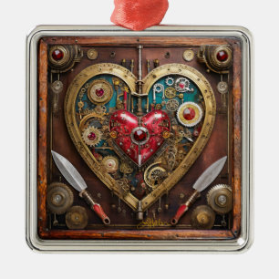 Ornement Carré Argenté Saint-Valentin Guerrier Steampunk Rubis Et Poignar