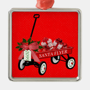 Ornement Carré Argenté Santa Flyer Toy Wagon Year Presents Christmas