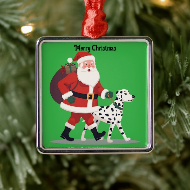 Ornement Carré Argenté Santa walking a Dalmatian dog Christmas Ornament (Arbre)