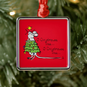Ornement Carré Argenté Sapin de Noël Souris Drôle Enfants