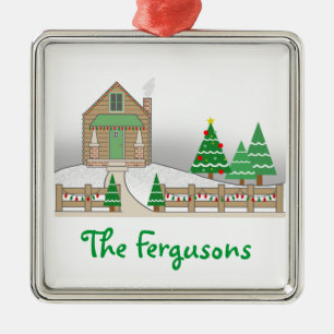 Ornement Carré Argenté Scène de neige de lumières de cabine et de Noël