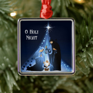 Ornement Carré Argenté Scène Ornament-Manger de Noël