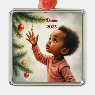 Ornement Carré Argenté Scène personnalisée de Noël avec bébé qui attrape