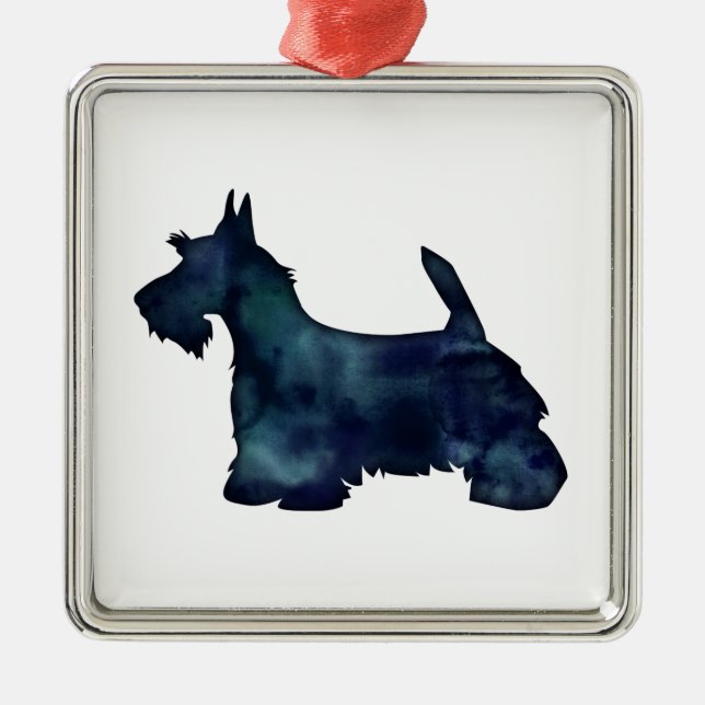 Ornement Carré Argenté Scottie Terrier Aquarelle noire Silhouette (Devant)