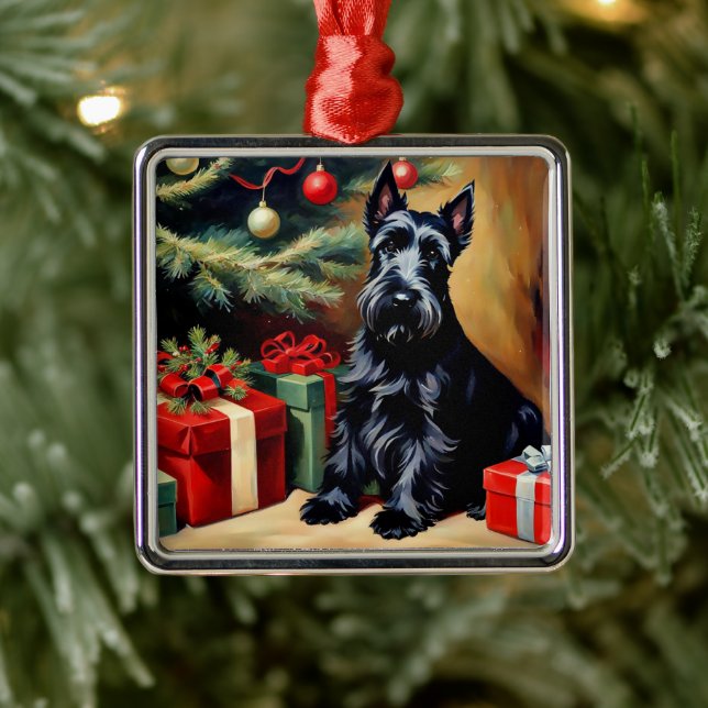 Ornement Carré Argenté Scottish Terrier à Noël (Arbre)
