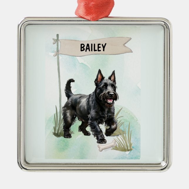 Ornement Carré Argenté Scottish Terrier Watercolor Personalized Dog (Devant)