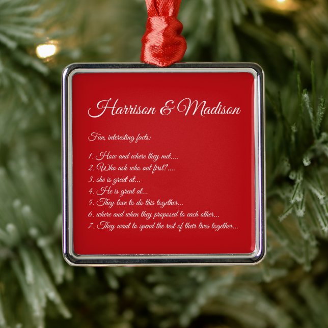 Ornement Carré Argenté Script de Wedding red Couple Fun Facts (Arbre)