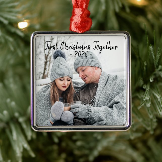 Ornement Carré Argenté Script saisonnier de la photo de Noël (Arbre)