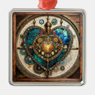 Ornement Carré Argenté Série Steampunk Cœur de Verre Stainé Doré