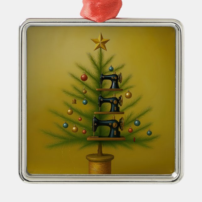 Ornement Carré Argenté Sewing machine Christmas tree Happy Crafty Xmas (Devant)