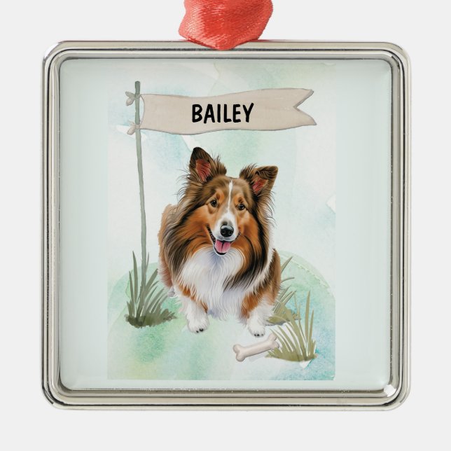 Ornement Carré Argenté Shetland Sheepdog Watercolor Personalized Dog (Devant)