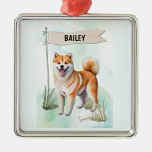 Ornement Carré Argenté Shiba Inu Aquarelle Chien Personnalisé