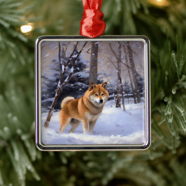 Ornement Carré Argenté Shiba Inu Laissez Neige Noël (Arbre)