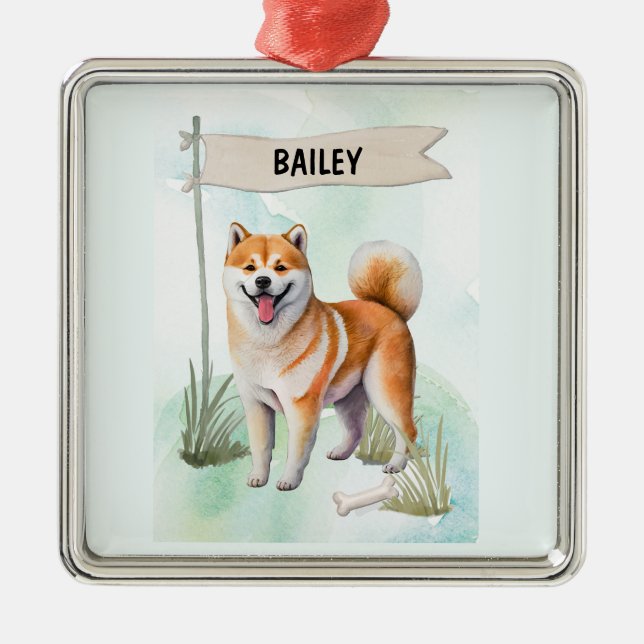 Ornement Carré Argenté Shiba Inu Watercolor Personalized Dog (Devant)