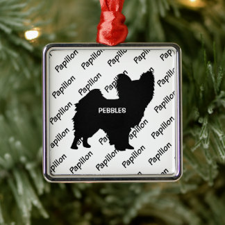 Ornement Carré Argenté Silhouette de chien Papillon personnalisé