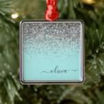 Ornement Carré Argenté Silver Aqua Turquoise Blue Girl Parties scintillan<br><div class="desc">Argent et Aqua Parties scintillant bleue Turquoise Nom et ornement de Noël initial. Cela rend le cadeau parfait pour 16 ans,  mariage,  douche nuptiale,  anniversaire,  baby shower ou bachelorette pour quelqu'un qui aime le luxe glam et les styles chic.</div>