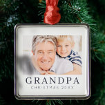 Ornement Carré Argenté Simple Moderne Chic Personnalisé Grandpa Photo Hol<br><div class="desc">Design est composé de typographie chic moderne avec sans serif et serif police. Ajoutez une photo personnalisée de grand-père et de l'année.</div>