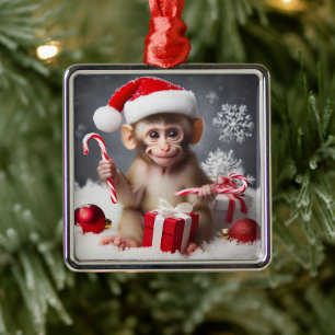 Ornement Carré Argenté Singe mignon avec chapeau de Père Noël