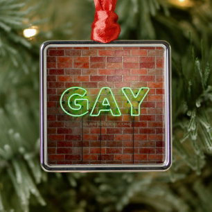 Ornement Carré Argenté SlipperyJoe's neon Gay Sign green bricks wall word