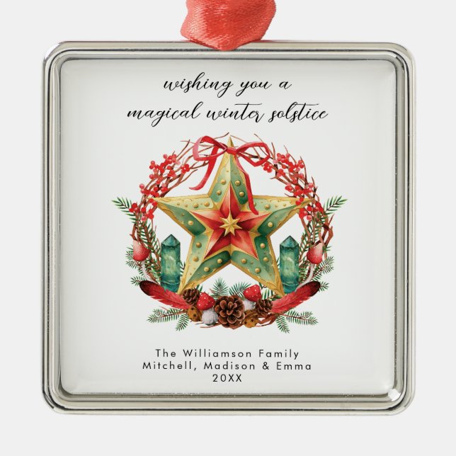 Ornement Carré Argenté Solstice d'hiver Wreath Star Noël Yule (Devant)