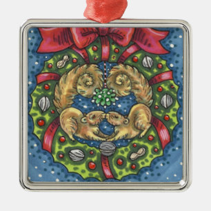 ORNEMENT CARRÉ ARGENTÉ SQUIRRELS DE BATTERIE SOUS MISTLETOE, VARIE NUT
