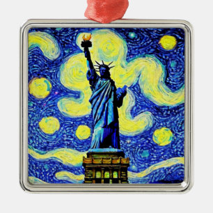Ornement Carré Argenté Starry Night Statue De Liberty New York