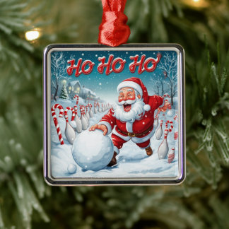 Ornement Carré Argenté Striking Santa Bowling Candy Cane Lane Personalize