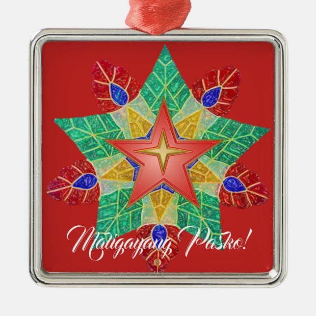 Ornement Carré Argenté Style philippin élégant de Parol, FilAm, (Devant)