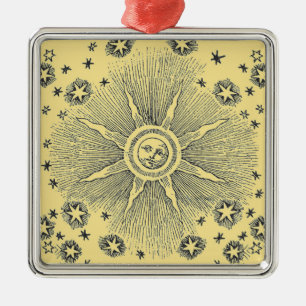 Ornement Carré Argenté Sun Stars Antique Nuit Ciel Médiéval Zodiac