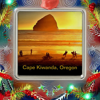 Ornement Carré Argenté Sunset Surf et Vélo Cape Kiwanda Oregon