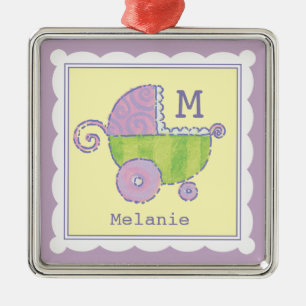 Ornement Carré Argenté Sweet Dreams Baby Carriage Lavender Monogrammed