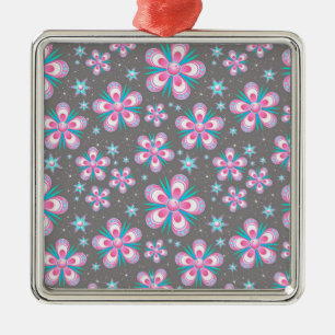 Ornement Carré Argenté Sweet Romantique Abstrait Fleurs roses Motif