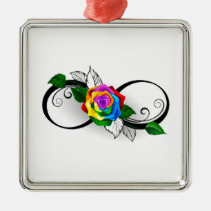 Ornement Carré Argenté Symbole de l'infini avec rose arc-en-ciel