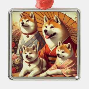 Ornement Carré Argenté Tableau vintage Akita Chien