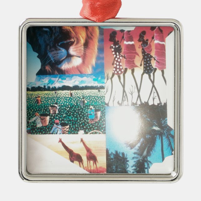 Ornement Carré Argenté Tapisserie kenyane : Faune, culture et plage côtiè (Devant)