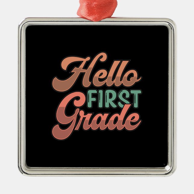 Ornement Carré Argenté Teacher Hello First Grade (Devant)
