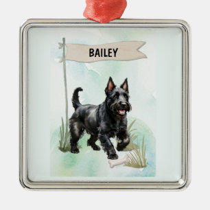 Ornement Carré Argenté Térrier Écossais Aquarelle Chien Personnalisé