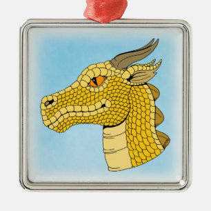 Ornement Carré Argenté Tête de dragon d'or en profil