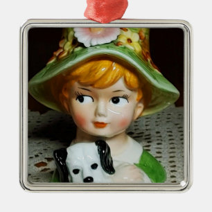Ornement Carré Argenté Tête rouge enfant et chiot petite fille Lady Tête 