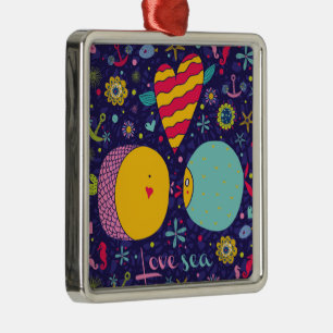 Ornement Carré Argenté Thème marin Ancre Poisson Starfish Seahorse