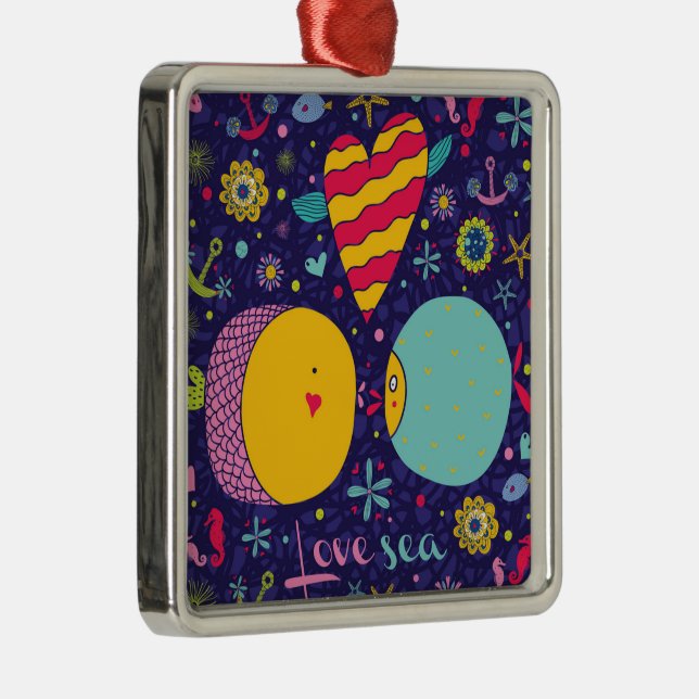 Ornement Carré Argenté Thème marin Ancre Poisson Starfish Seahorse (Droite)