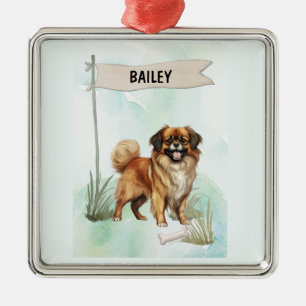 Ornement Carré Argenté Tibétain Épagneul Aquarelle Chien Personnalisé